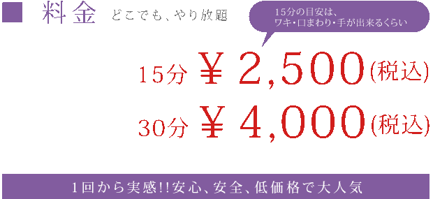 料金 どこでも、やり放題　15分￥2,100（税込）　（15分の目安は、ワキ・口まわり・手が出来るくらい）　30分￥2,980（税込）　1回から実感！！安心、安全、低価格で大人気